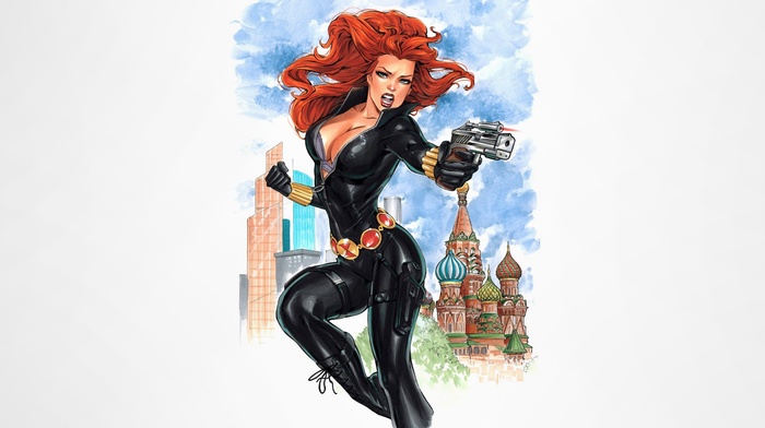 illustration, Black Widow, girls with guns, simple background, Marvel Comics