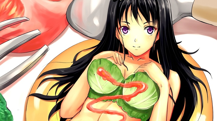 anime girls, lettuce, black hair, purple eyes, anime, original characters, bra