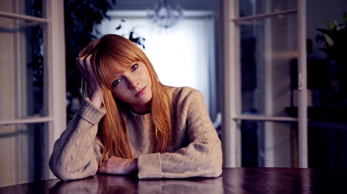 table, long hair, redhead, blue eyes, musician, sweater, looking at viewer, girl, straight hair, Lucy Rose