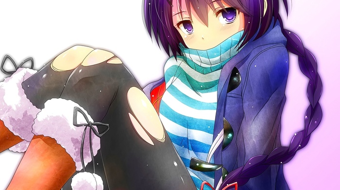 anime girls, torn pantyhose, original characters, Watarui, purple hair, anime, braids
