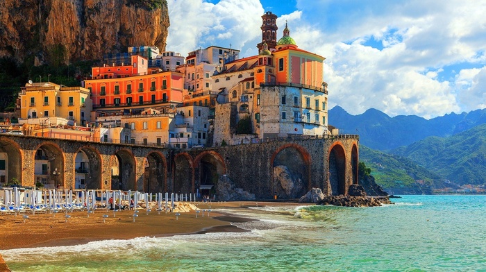 old building, clouds, tower, arch, coast, rock, mountains, Italy, bridge, architecture, house, building, sea, sand, beach