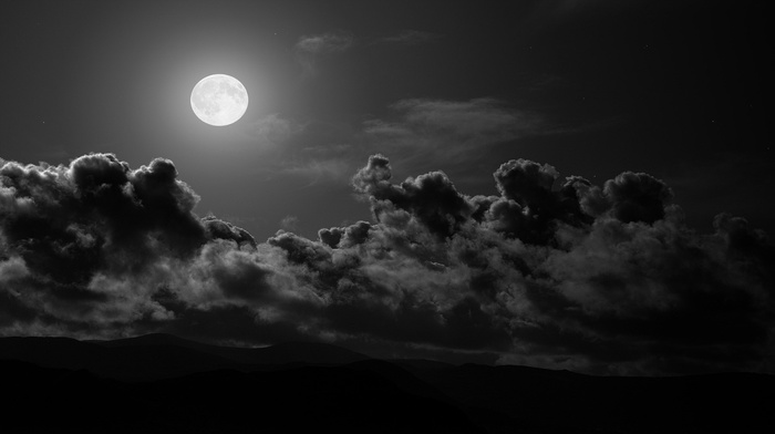landscape, moon, moonlight, clouds, monochrome, hills, nature