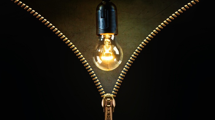 lightbulb, scratches, zippers, gold, black background, lights