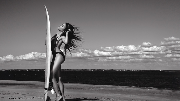 surfboards, girl, monochrome, beach