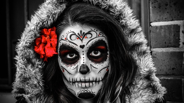 Dia de los Muertos, flowers, girl, selective coloring, sugar skull