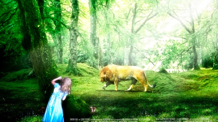 children, lion, forest clearing