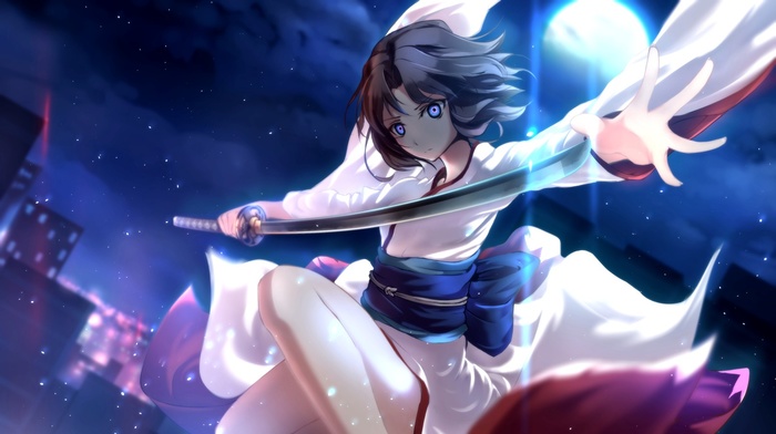 katana, sword, Ryougi Shiki, anime girls, blue eyes, Kara no Kyoukai, moon rays, girl with swords, anime