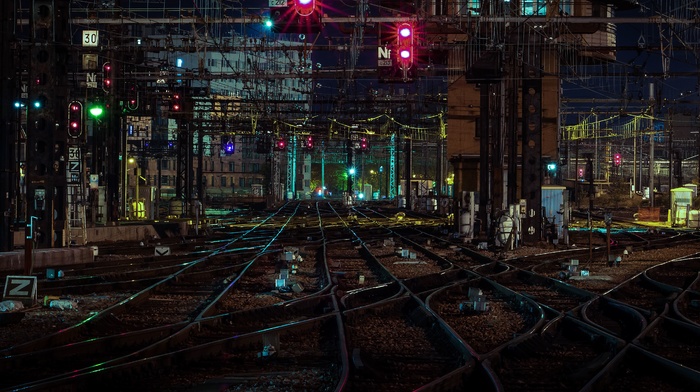 city lights, rail yard, city, night, railway
