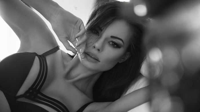 face, model, monochrome, boobs, looking at viewer, girl, Justyna Gradek