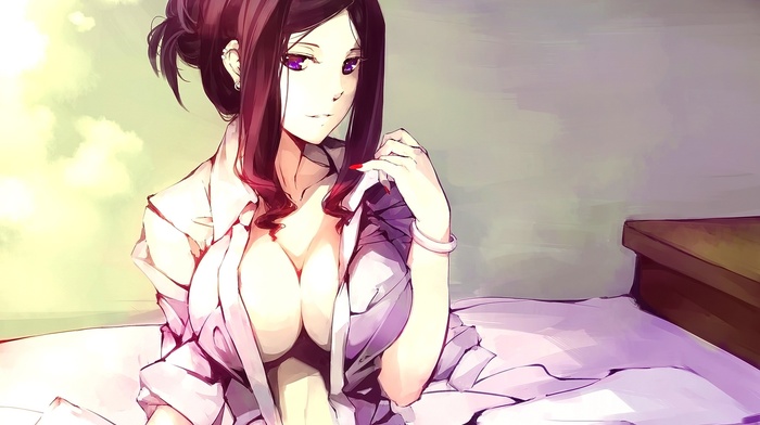 long hair, original characters, anime girls, brunette, in bed, purple eyes, open shirt, anime, smiling, cleavage