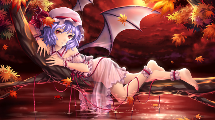 touhou, anime, red, purple hair, pink dress, wings, looking at viewer, dress, anime girls, feet, Remilia Scarlet, lying down, red eyes, leaves, open mouth, short hair, dusk