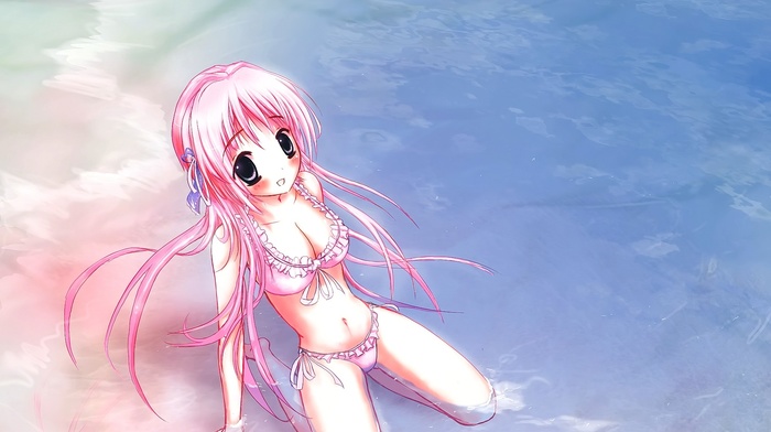 anime, original characters, water, beach, open mouth, anime girls, bikini