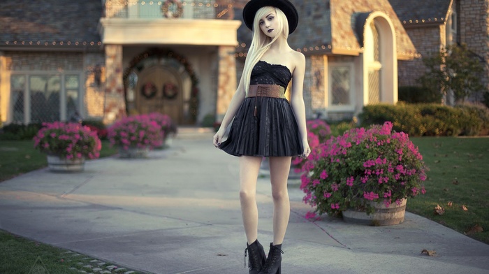 blonde, strapless dress, hat, platinum blonde, girl outdoors