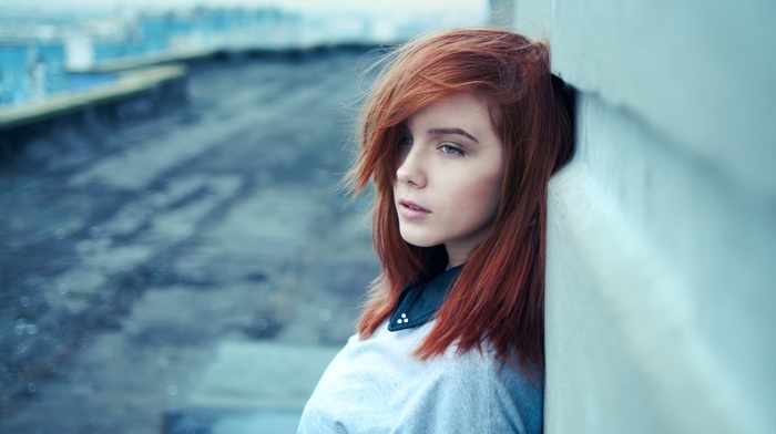 girl, face, looking away, redhead, hair in face