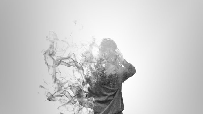 smoke, back, Double Exposure, girl, rear view, trees, monochrome