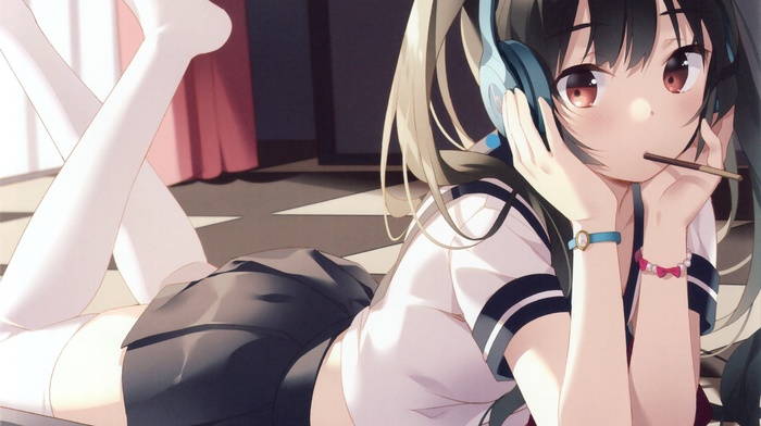 anime, anime girls, school uniform, original characters, headphones, long hair