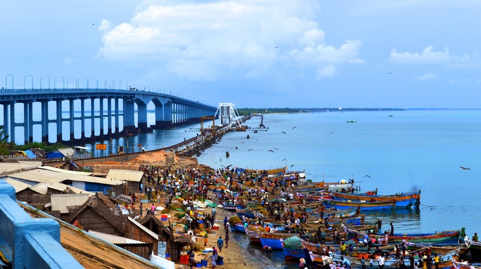 landscape, India, bridge, boat, fisherman