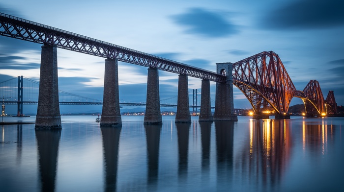 Forth Bridge, landscape, evening, Scotland, lights, reflection