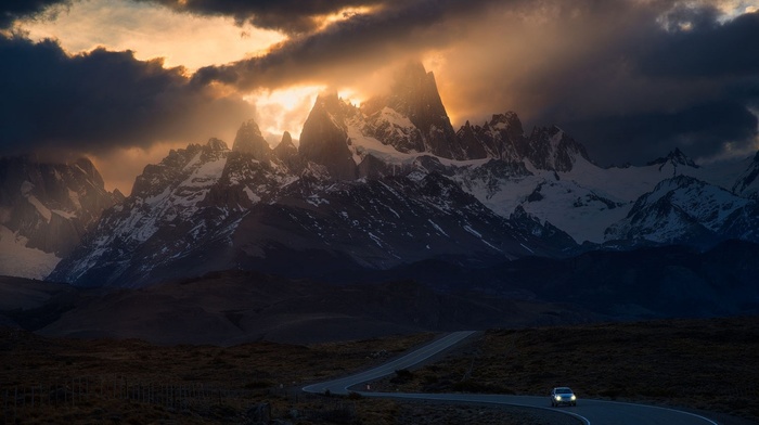 mountains, Patagonia, road, car, sunlight, clouds, nature, Argentina, sunset, snowy peak, landscape