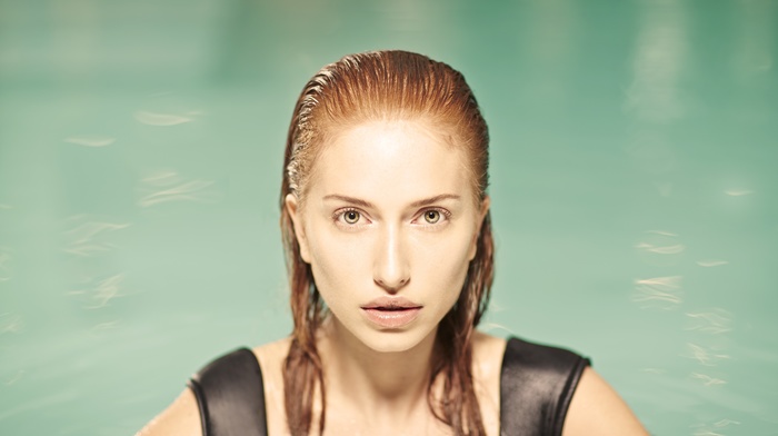 looking at viewer, wet hair, face, girl, redhead, swimming pool