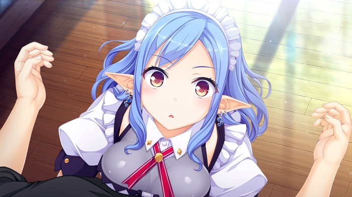 visual novel, anime, blue hair, pointed ears, Merou Aquri, long hair, World Election, maid outfit