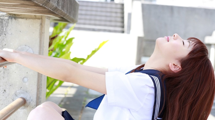 Ishida Ayumi, girl, redhead, auburn hair, school uniform, sitting, Asian, Morning Musume, j, pop, closed eyes