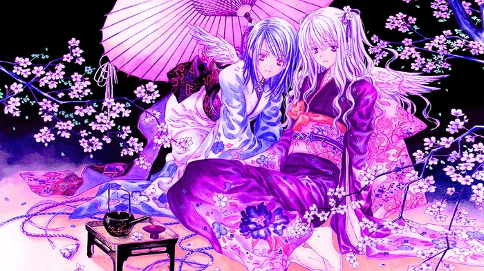 kimono, anime girls, Japanese clothes, wings, cherry blossom, anime, Japanese umbrella