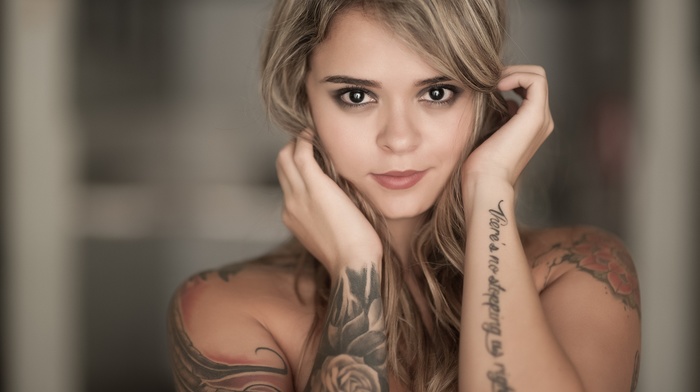 blonde, girl, tattoo, face, portrait