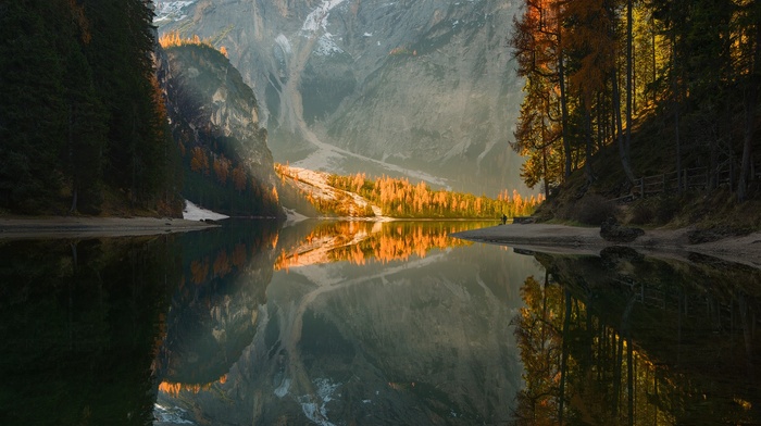 lake, mountains, trees, reflection, fall