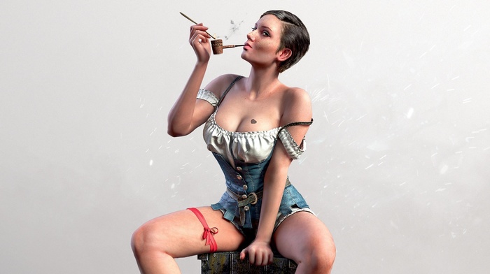 sitting, The Witcher 3 Wild Hunt, girl, smoking pipe, looking at viewer, legs apart, cleavage, short hair