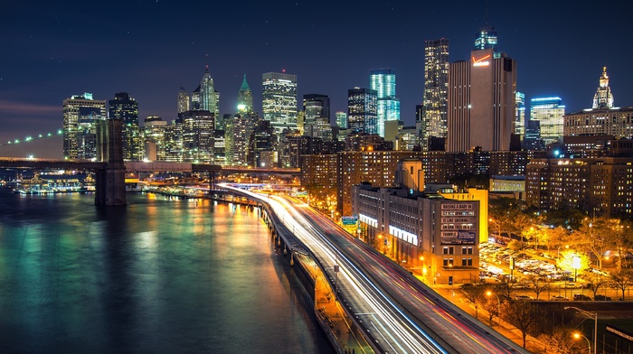 night, New York City, Manhattan, Brooklyn Bridge