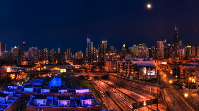 Illinois, night, ultrawide, Chicago, cityscape