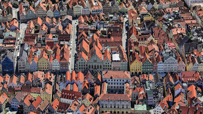 town, street, aerial view, rooftops, architecture
