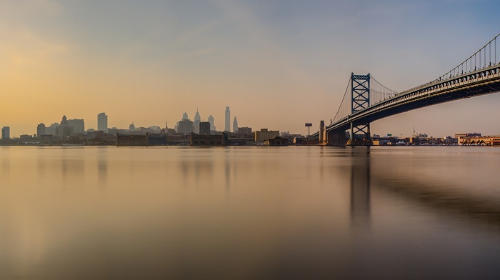 Philadelphia, city, bridge, reflection, morning