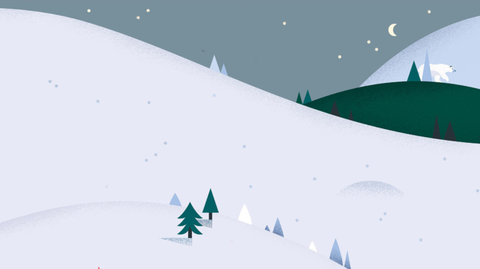 hills, pine trees, polar bears, night, minimalism, snow