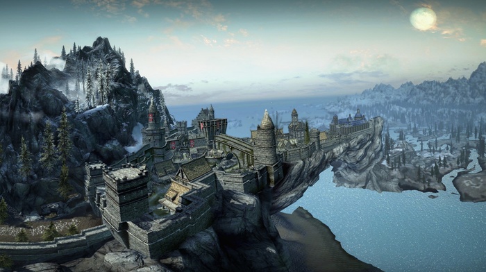 trees, castle, sea, video games, mountains, the elder scrolls v skyrim
