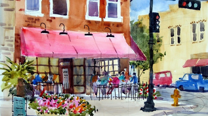flowerpot, traffic lights, painting, watercolor, cafes, artwork