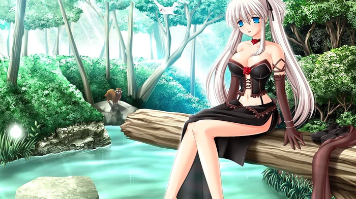 long hair, blonde, blue eyes, anime, open mouth, water, forest, Mabinogi