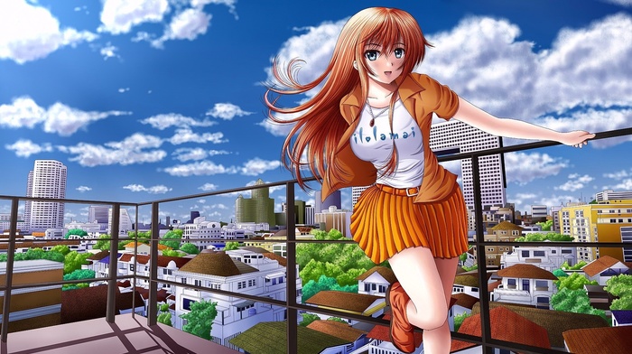 open mouth, long hair, city, anime, original characters, building, brunette, eyes, anime girls