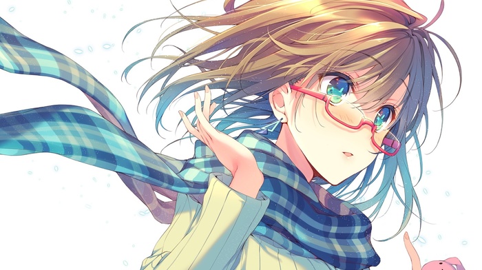 glasses, original characters, anime, anime girls, short hair, scarf, green eyes