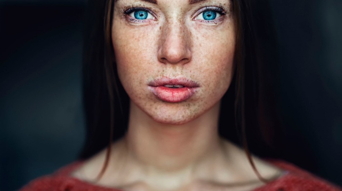 face, looking at viewer, freckles, girl, blue eyes, brunette