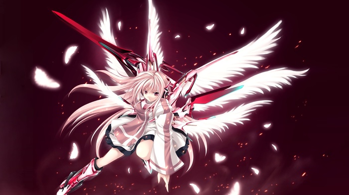 wings, pink hair, anime girls, angel, anime, sword