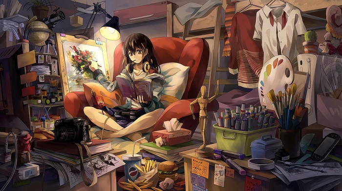 barefoot, touhou, original characters, anime girls, painting, reading, Kirisame Marisa, anime