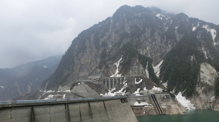 landscape, snow, dam, mountains, forest, Kurobe Dam, Japan, concrete, infrastructure, spring, Nagano Prefecture