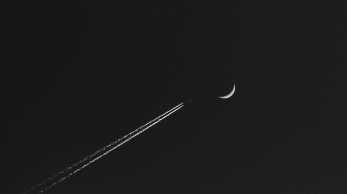 airplane, minimalism, monochrome, contrails, moon