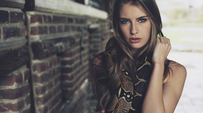 blue eyes, portrait, snake, face, animals, Camille Rochette, blonde