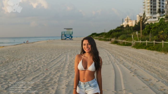 beach, model, girl, jean shorts, smiling, bikini top, sand, Isabella Ramirez, pierced navel, portrait