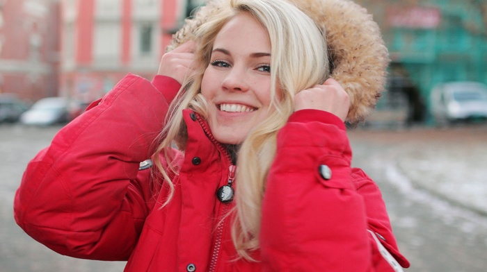looking at viewer, street, blonde, jacket, face, norwegian, Emilie Marie Nereng, smiling, girl