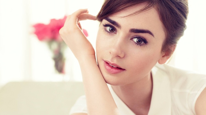 hand on face, Lily Collins, girl, brown eyes, brunette, face, looking at viewer