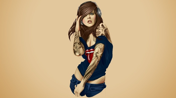 girl, Rolling Stones, tattoo, headphones